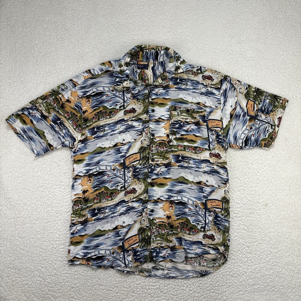 212 NYC Mens Size M Hawaiian Shirt Jamaica Rayon Tropical Print Car Beach Palms